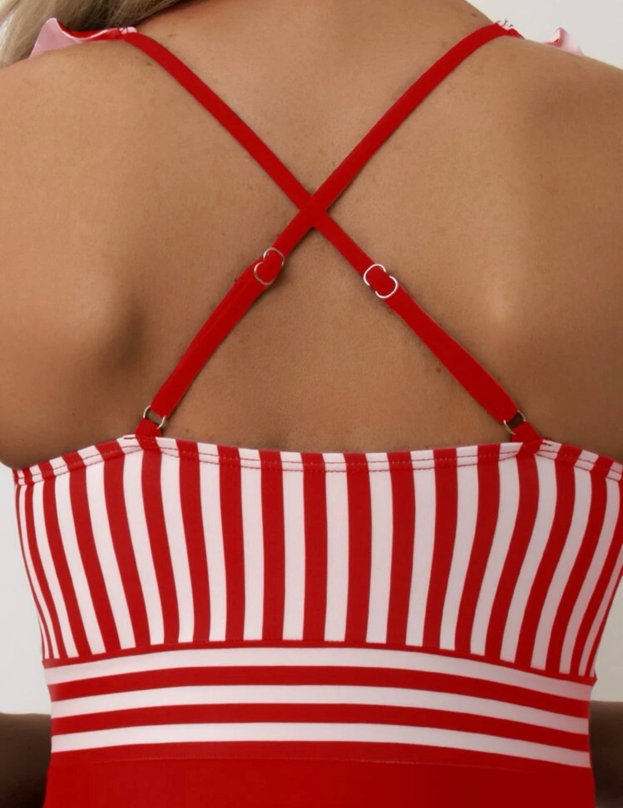 Red & white striped ruffle trim crisscross back one piece swimsuit