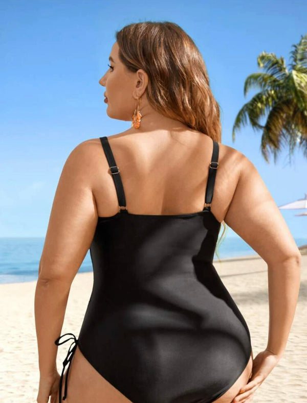 Curve & plus tassel cut out drawstring side one piece swimsuit