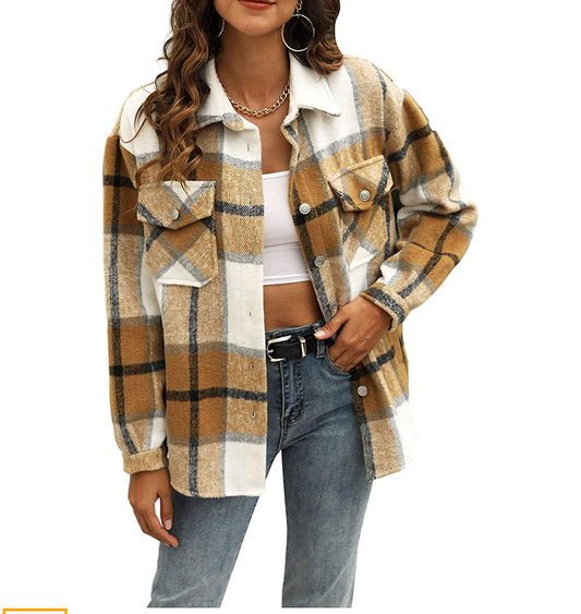 Womens Plaid Shacket Button Down Wool Blend Fall Flannel Shirt Jacket