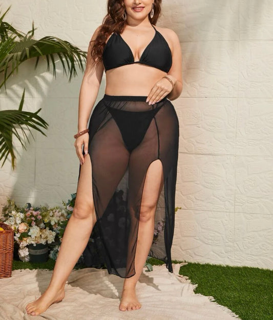 Curve and plus halter triangle bikini swimsuit with beach skirt