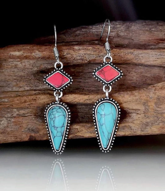 Stylish and sophisticated turquoise and coral inspired silver dangle earrings