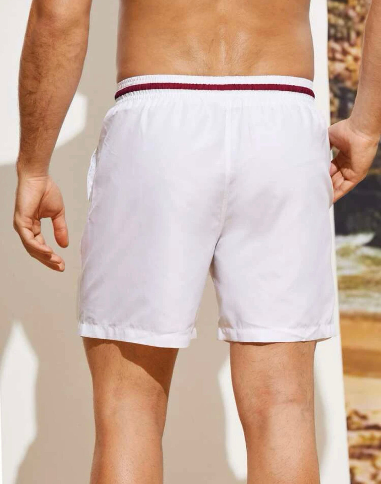 Men’s letter graphic striped trim drawstring waist swim trunks