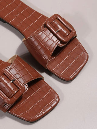 Brown vegan crocodile embossed buckle  decor slide sandals