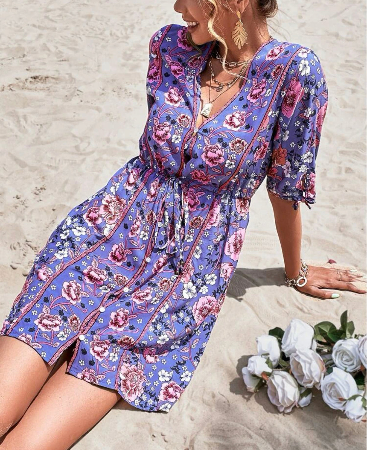 Floral print knot cuff drawstring waist A-line dress