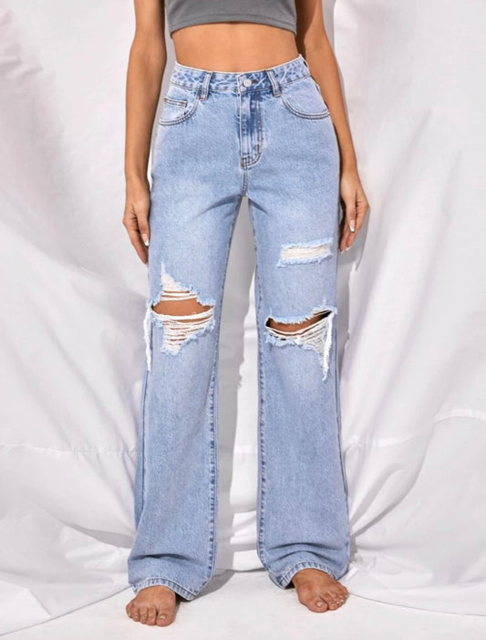 Women’s recycled denim high waisted ripped wide leg jeans