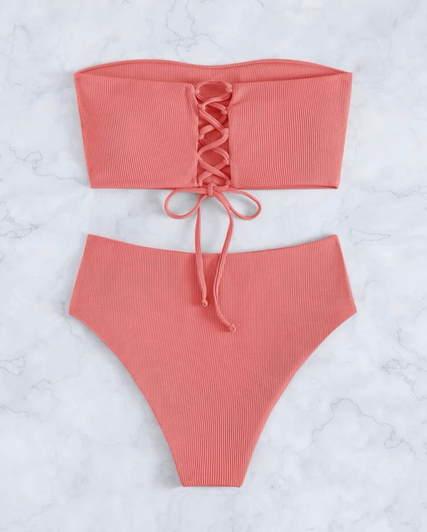 Watermelon pink solid bandeau high waisted bikini swimsuit