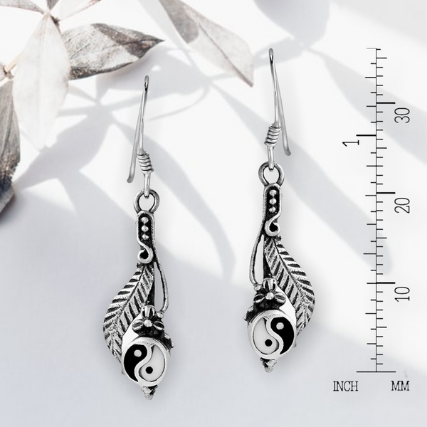 Leaf Yin Yang Taoism Balance .925 Sterling Silver Dangle Earrings