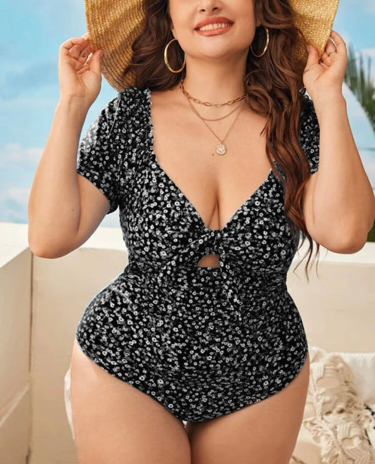 Curve & Plus floral print knot front one piece swimsuit