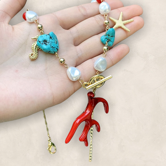 Stunning and unique coral, pearl and starfish pendant necklace