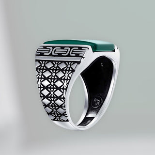 Black Onyx & Green Agate Gemstone Signet Ring For Men. .925 Sterling Silver. Handmade In Turkey.