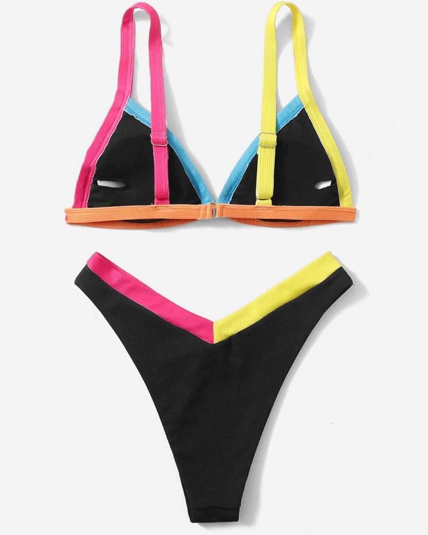 Contrast binding triangle high cut bikini swimsuit