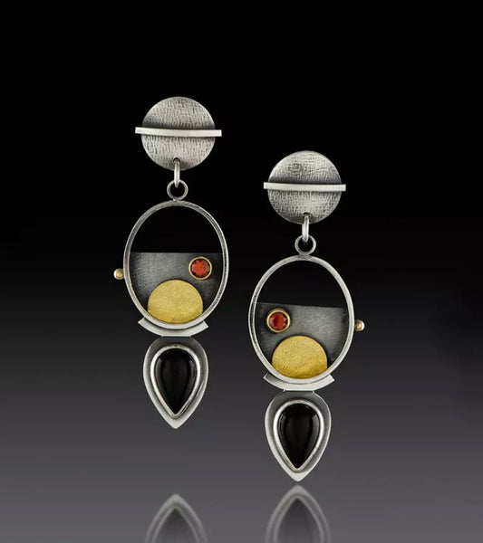 Tribal Oval Hanging Pear Earrings for Women Vintage Two Tone Metal Red Rhinestone Black Teardrop Stone Dangle Earrings