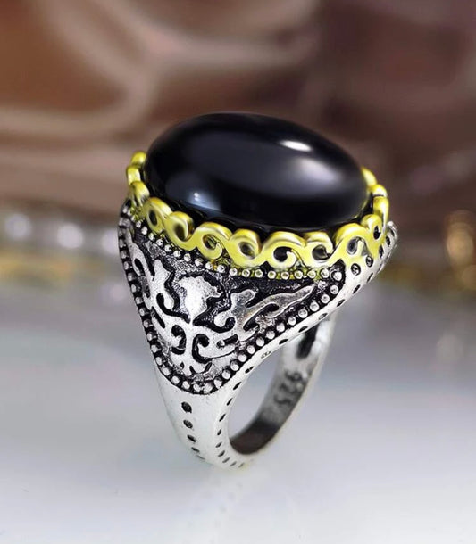 Two tone black onyx inspired sterling silver ring. Size 8.