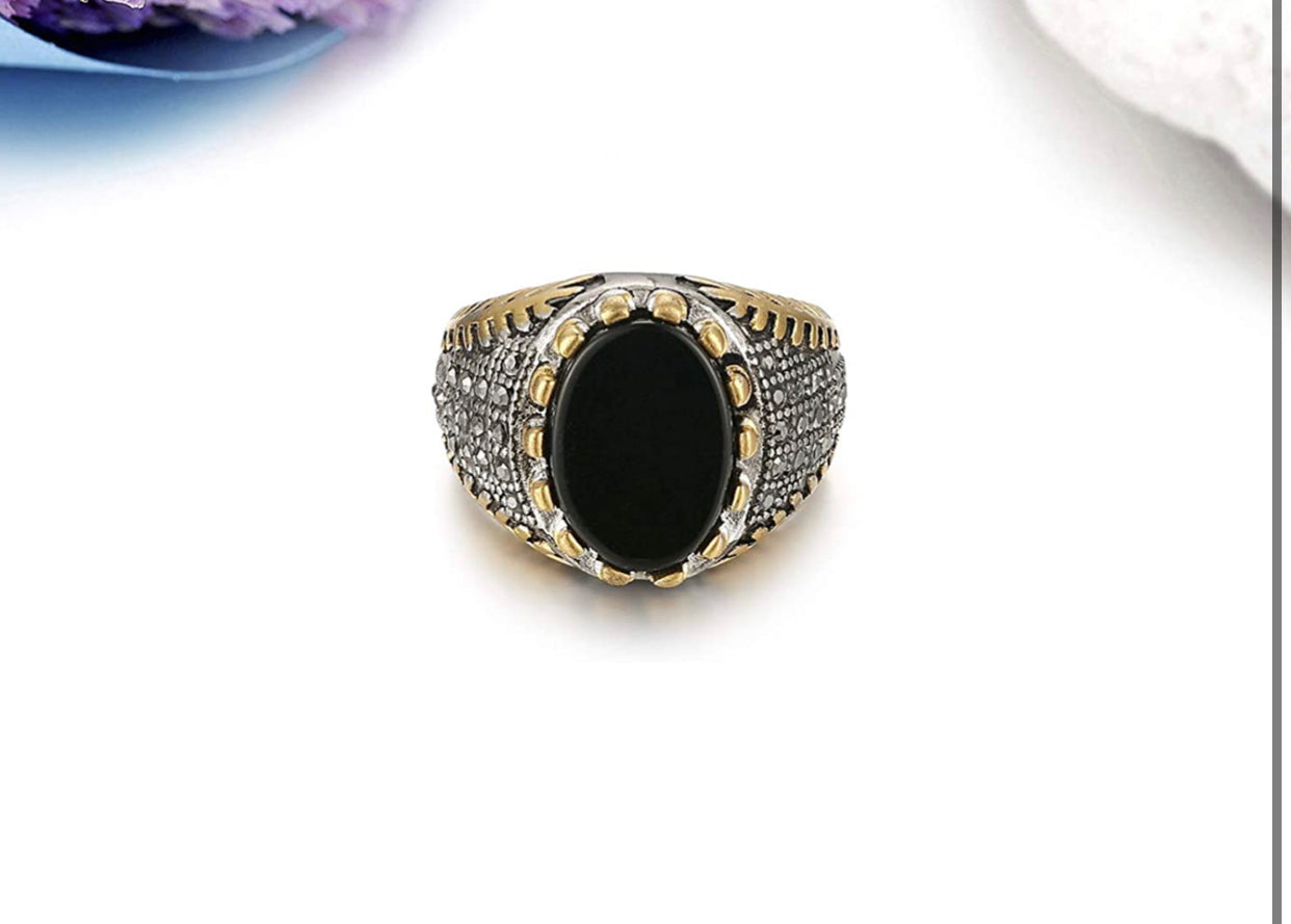Men’s signet, vintage black onyx stone (inlay). 100% stainless steel. - Christina’s unique boutique LLC