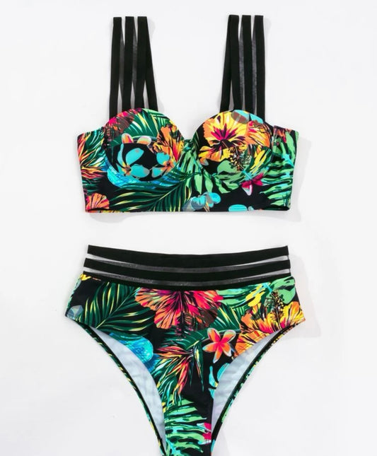 Tropical print push up bikini swimsuit