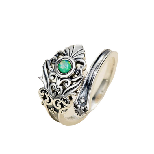 Green Opal Sterling Silver Opal Spoon Ring - S925 Victorian Vintage Flower spoon ring