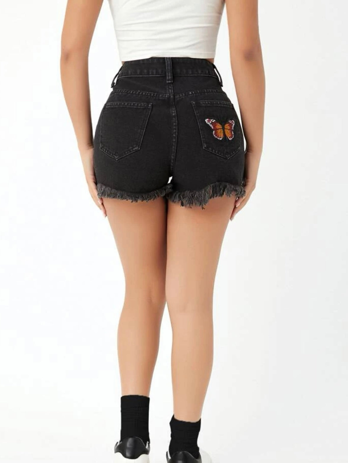 Petite butterfly embroidery raw hem denim shorts