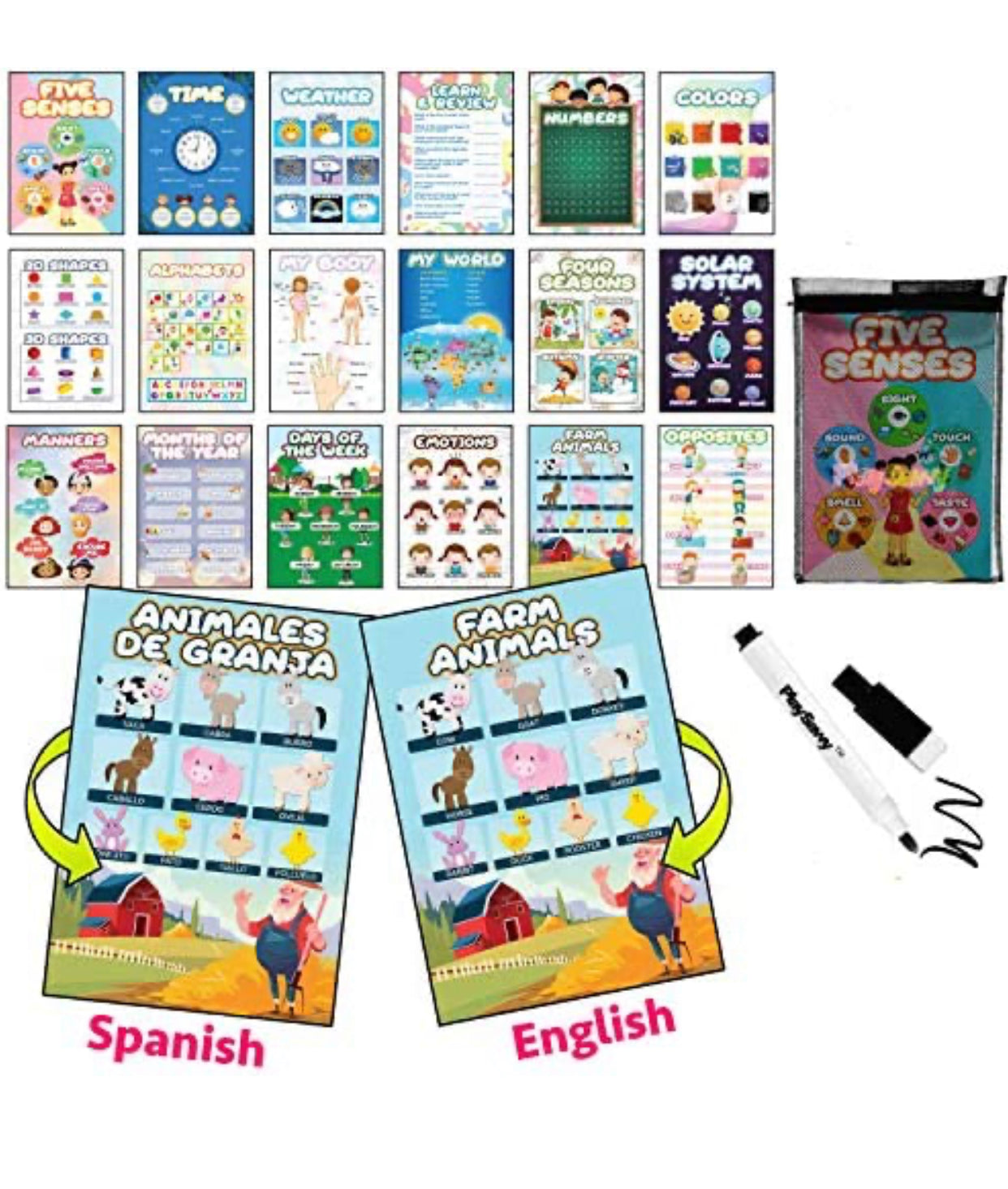 Kid’s Preschool Educational Poster Set, 38 Pc, Bilingual English/Spanish