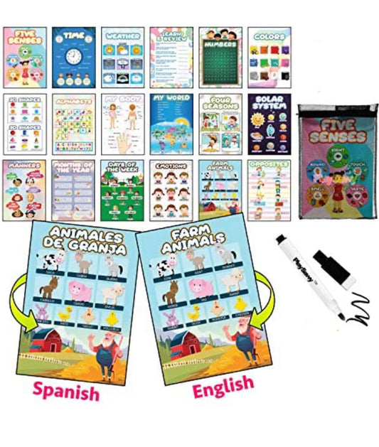 Kid’s Preschool Educational Poster Set, 38 Pc, Bilingual English/Spanish