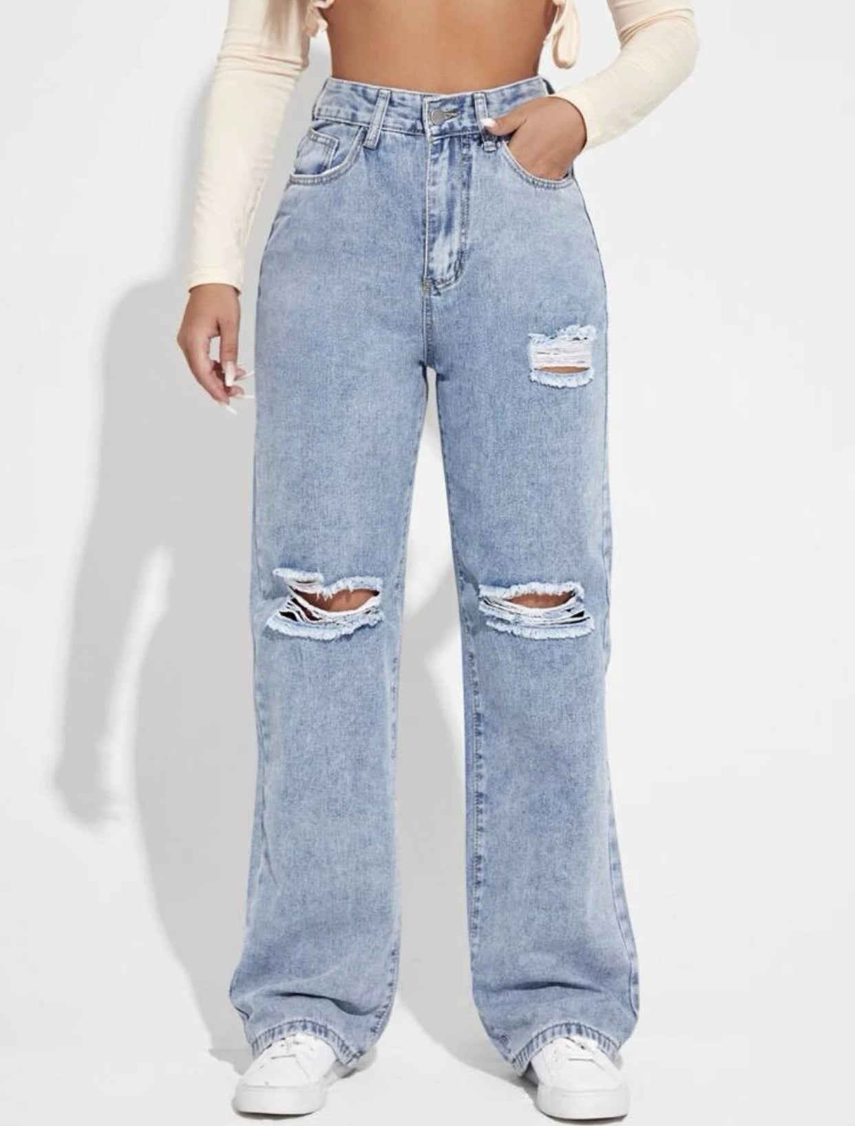 High waist ripped frayed straight leg jeans