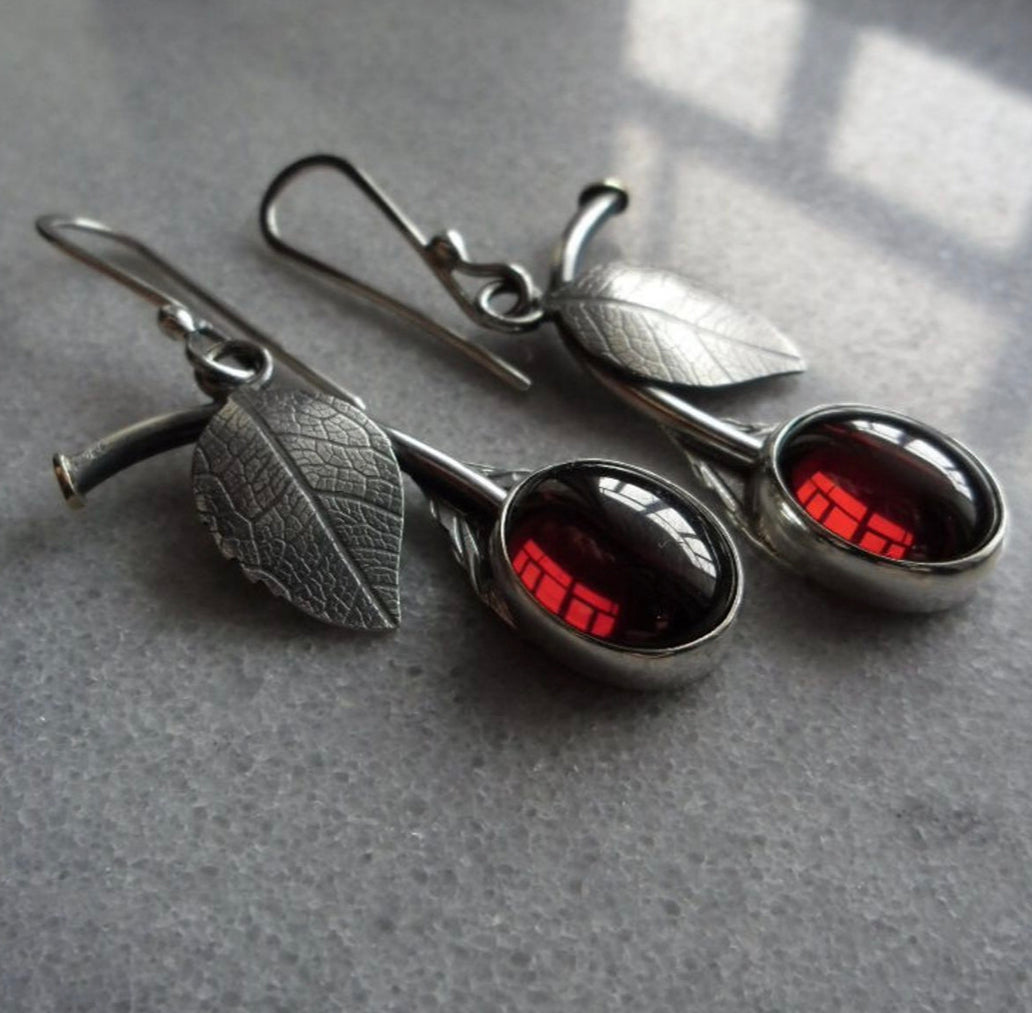 Red stone cherry decor silver plated earrings - Christina’s unique boutique LLC