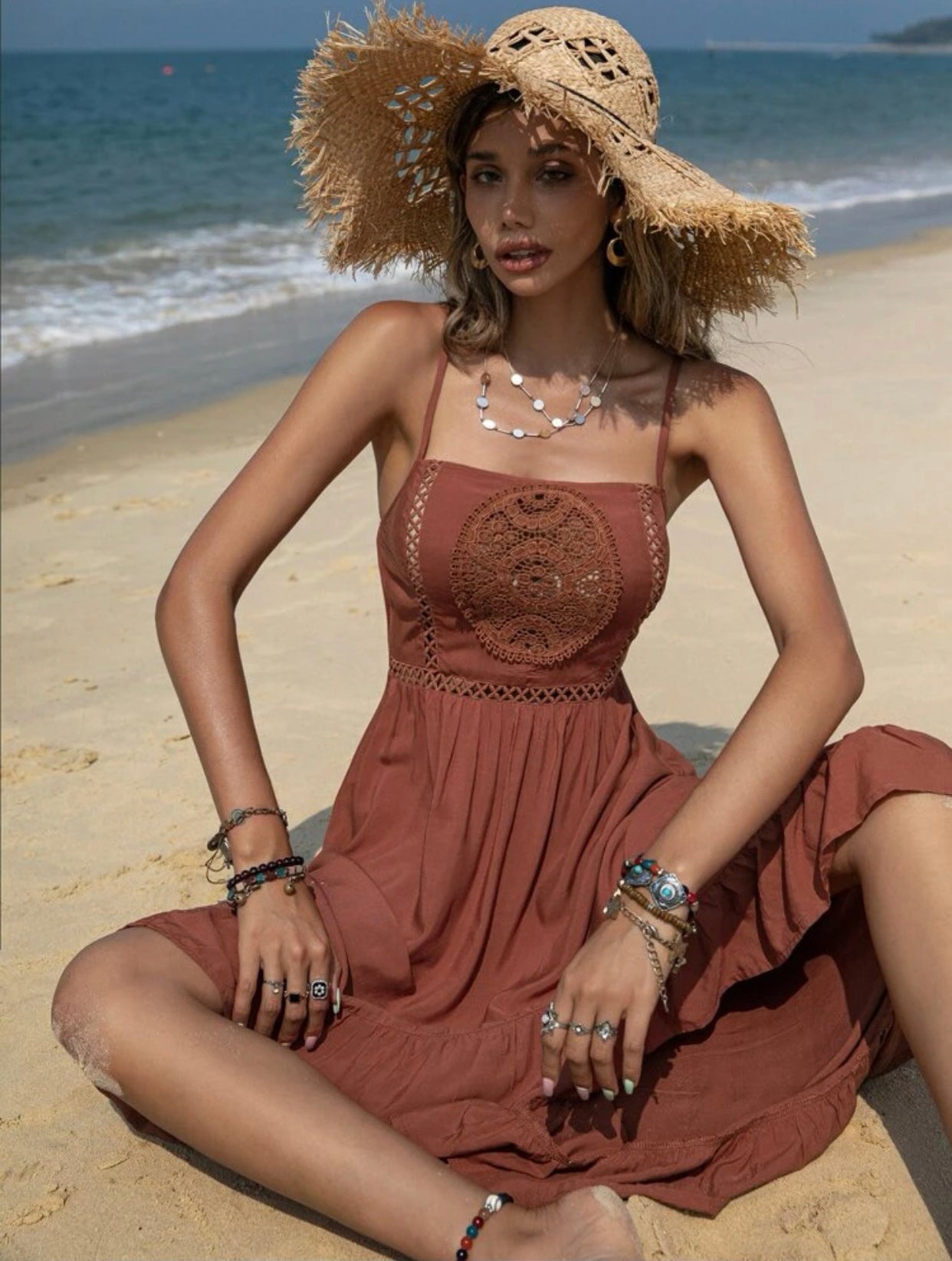 Lace insert asymmetric ruffle hem slip dress