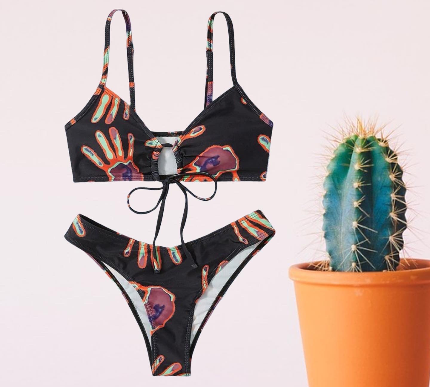 Street life hand print drawstring bikini swimsuit