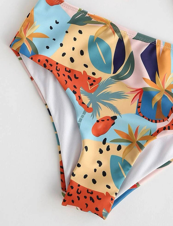 Plant & animal print knot front bikini swimsuit