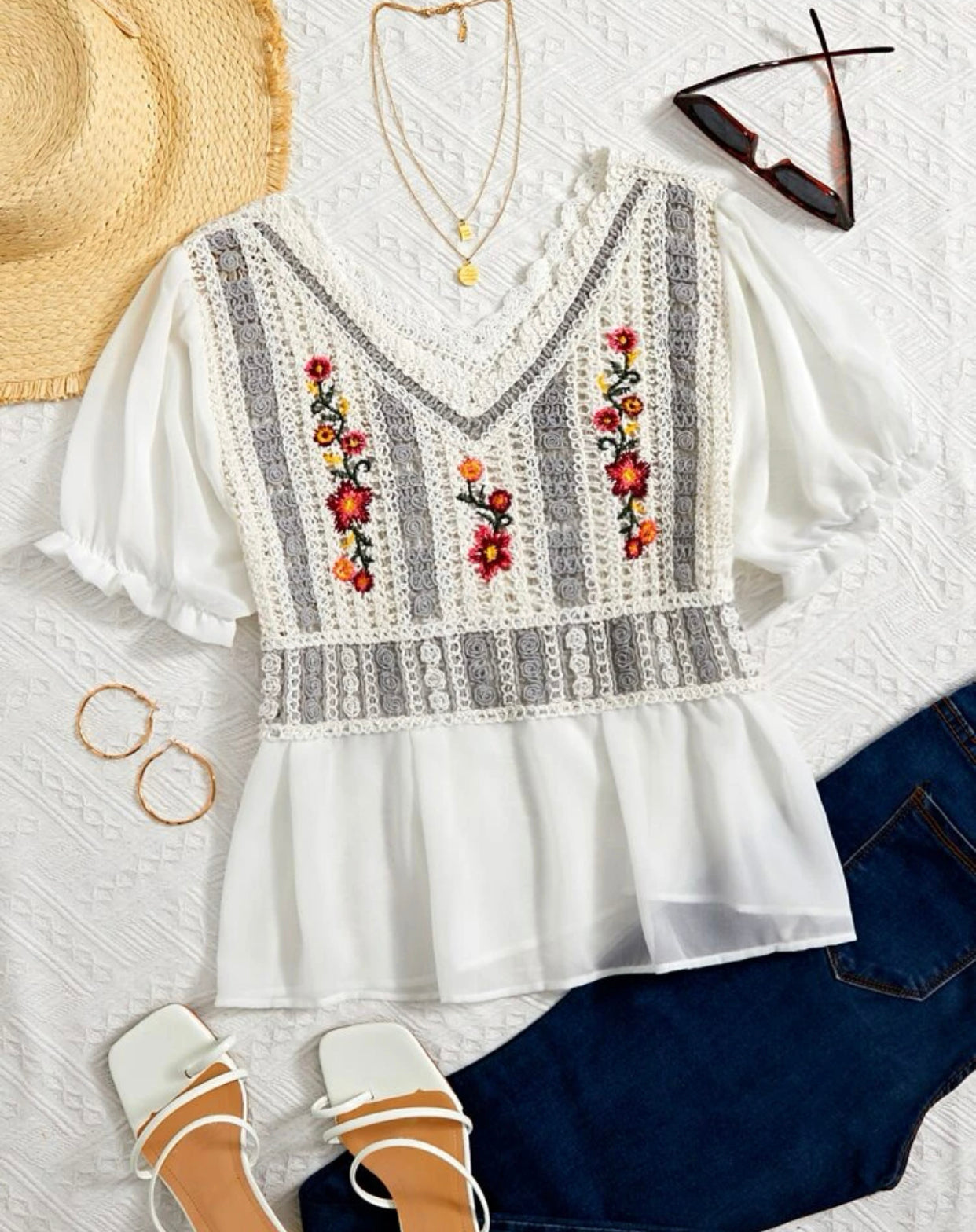 Floral embroidered puff sleeve peplum schiffy blouse