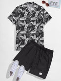 Men’s notch collar tropical print shirt and drawstring waist patched detail shorts set