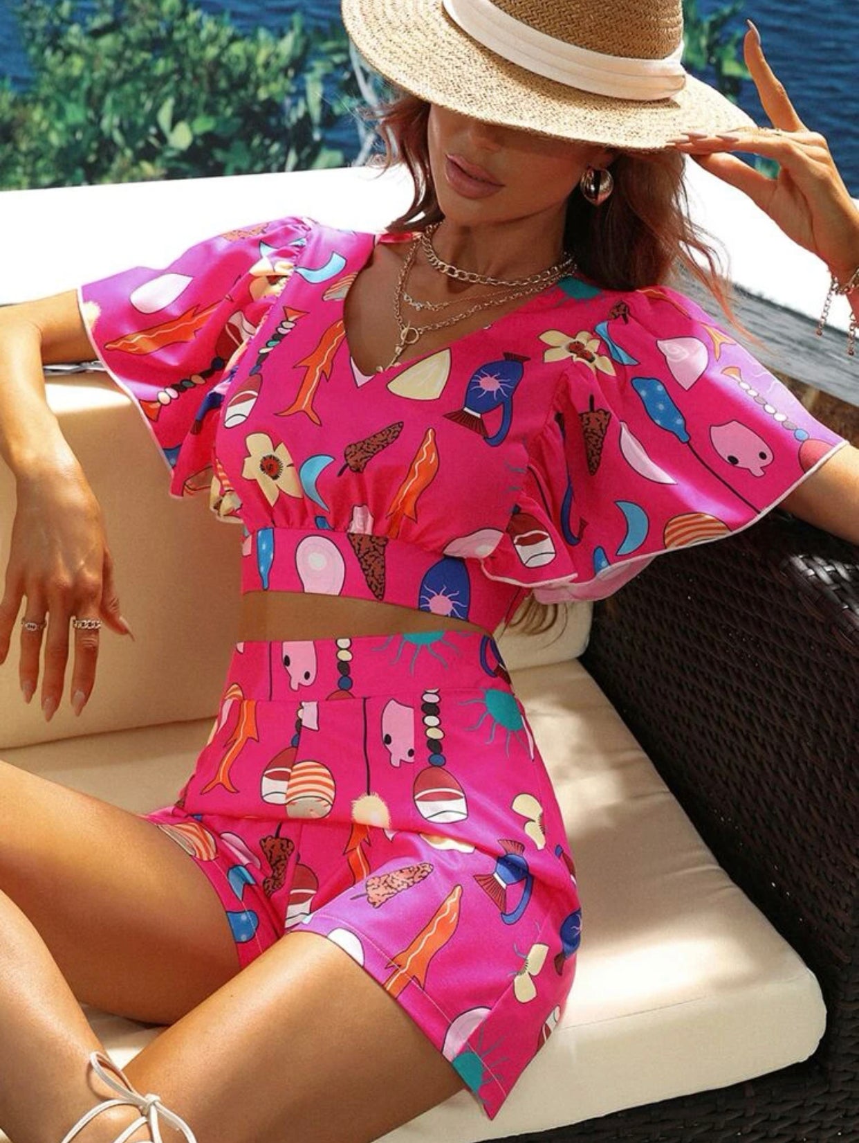 Hot pink sun & floral print flutter sleeve top & shorts set
