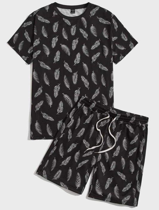 Men Tropical Print Tee & Drawstring Waist Shorts