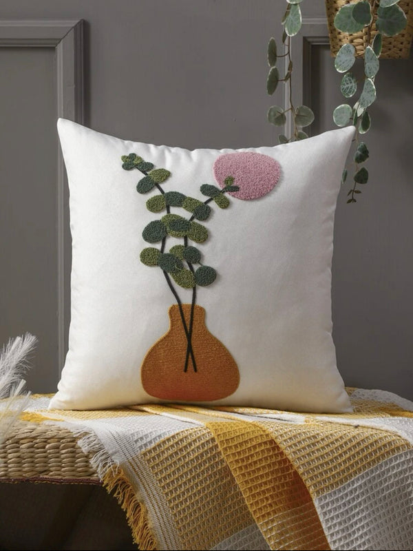 Plant embroidered cushion cover with filler