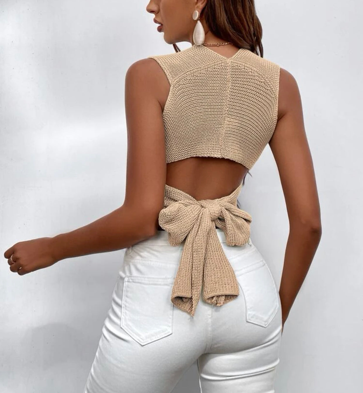 Wrap knot back crop knit top