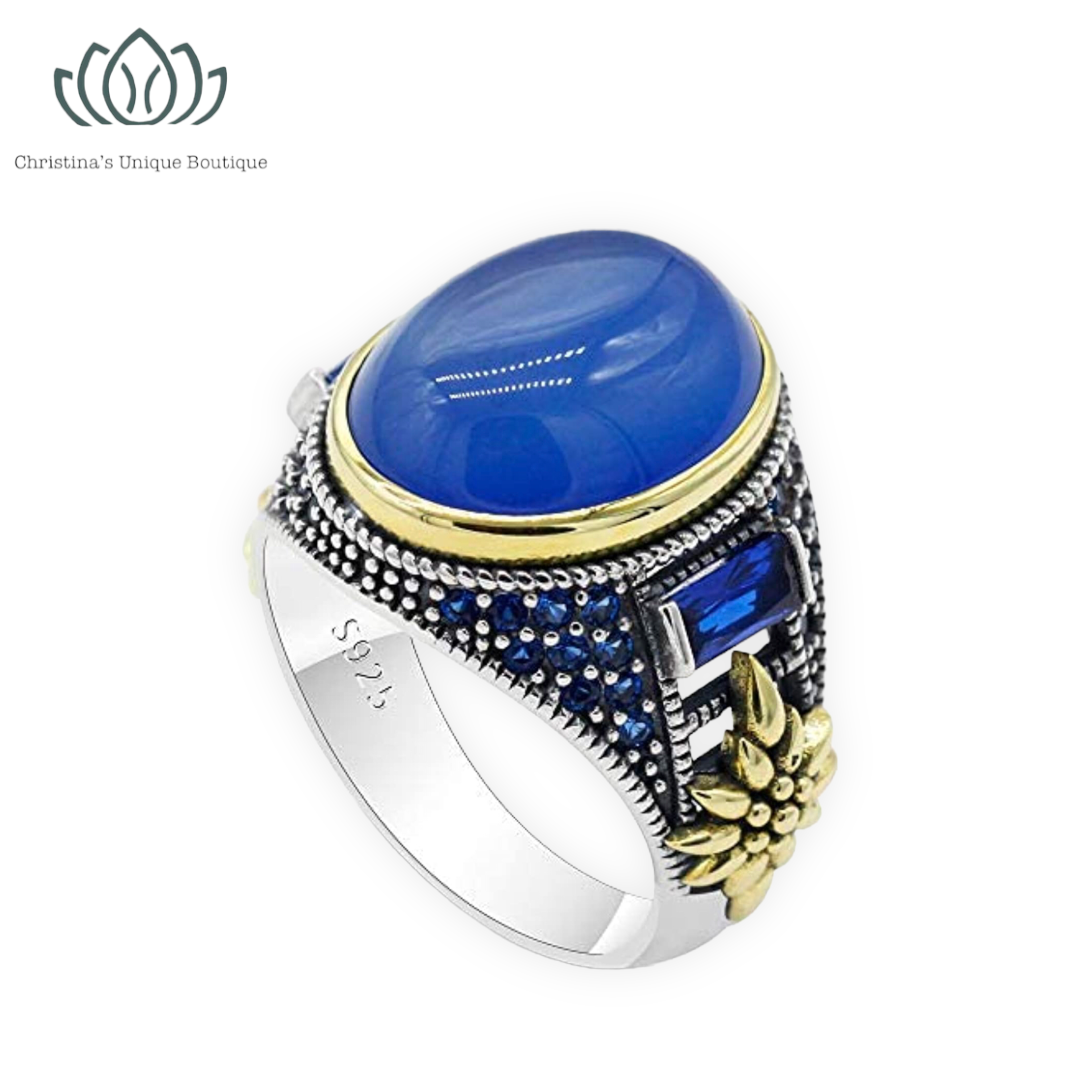 Solid 925 Sterling Silver Ring for Men Onyx Stone Ring Turkish Handmade Agate Silver Luxury Vintage Men's Ring (Blue, 7)