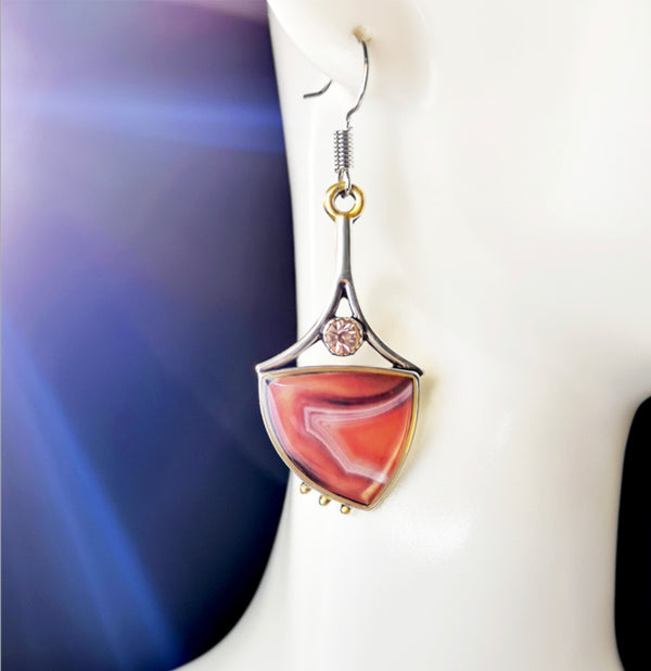 Beautiful carnelian stone inspired zircon two tone dangle earrings