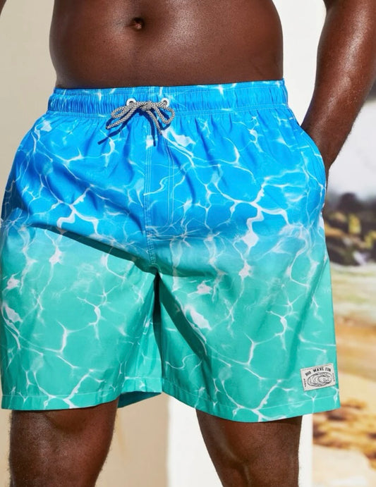 Extended sizes men ombre patch detail drawstring waist swim trunks