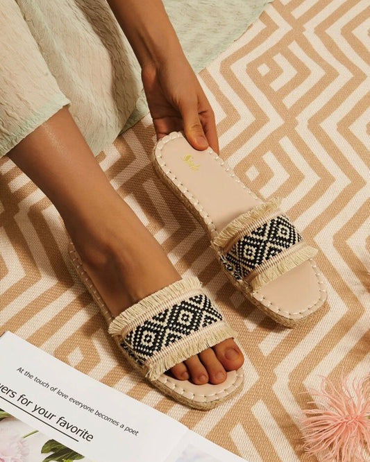 Geo graphic fringe detail slide sandals