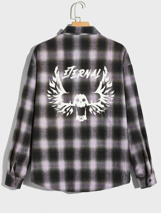 Guys letter wings graphic plaid button front shirt