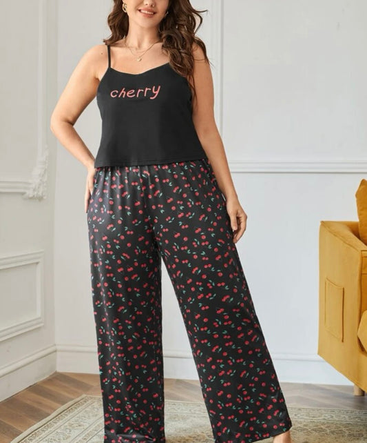 Plus letter graphic cami top & cherry print pants PJ set