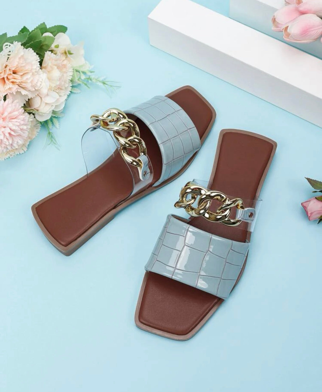 Croc embossed chain decor slide sandals