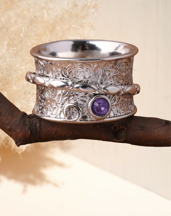 Purple stone decor wide engraved ring. Size 8.