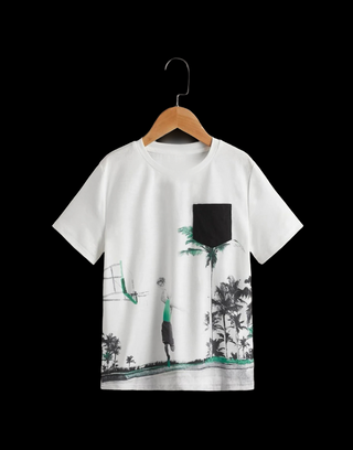 Boys figure & tropical print patched pocket tee