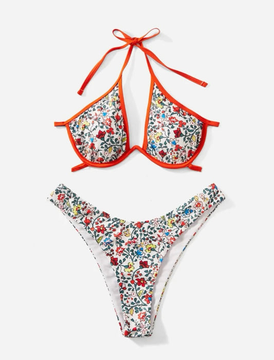 Floral binding trim push up bikini swimsuit