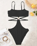 Textured ring linked cut-out one piece swimsuit