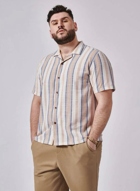 Extended sizes men striped print shirt & shorts set