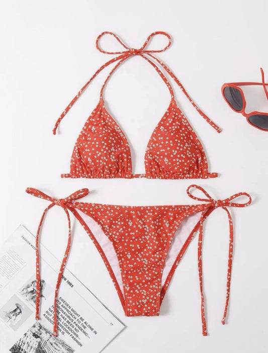 Red ditsy floral halter triangle bikini swimsuit