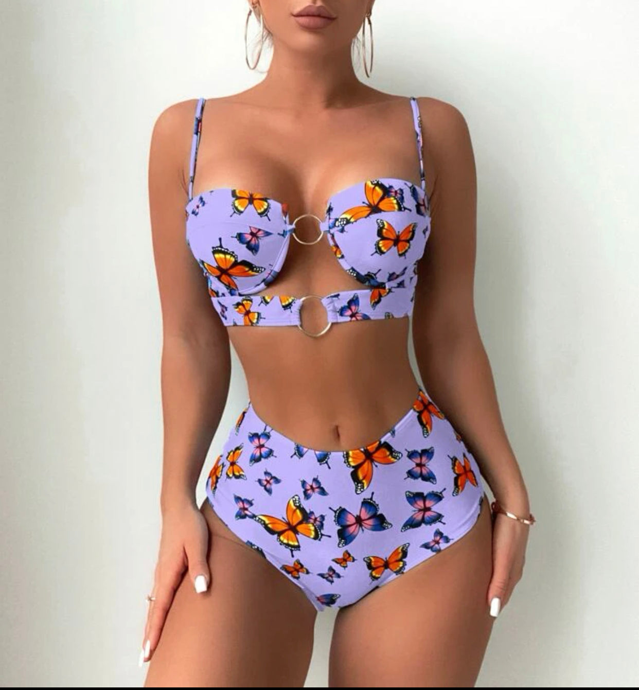 Purple butterfly print ring linked push up bikini swimsuit