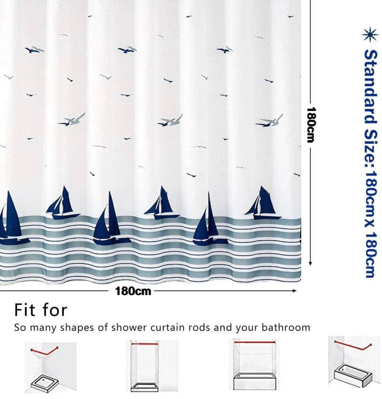 Shower Curtain, Blue and White Nautical Fabric Shower Curtain, Weighted Hem & Washable Sailboat Bathroom Curtains with 14 Hooks (72x72 Inch)