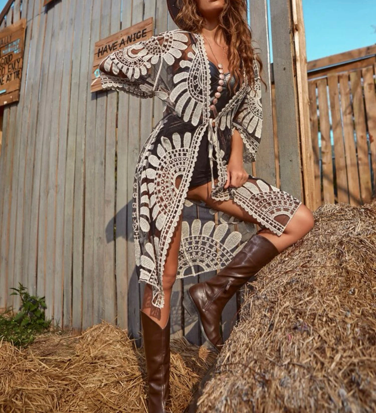 Embroidered mesh tie front longline kimono